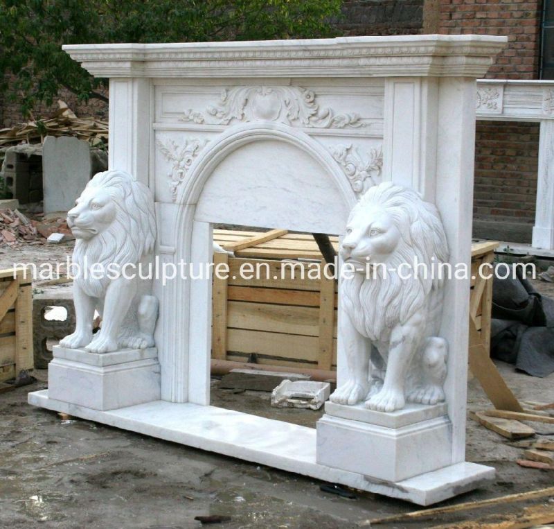 Beautiful Decorative Marble Lion Statue White Marble Fireplace (SYMF-132)