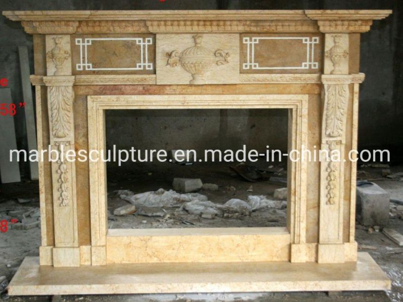 Customized Hand Carved Mantel Stone Beige Marble Fireplace (SYMF-312)
