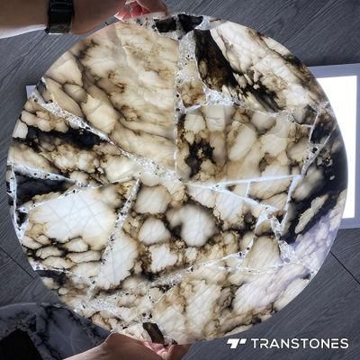 Polished Decorated Translucent Black &amp; White Alabaster Round Table Top