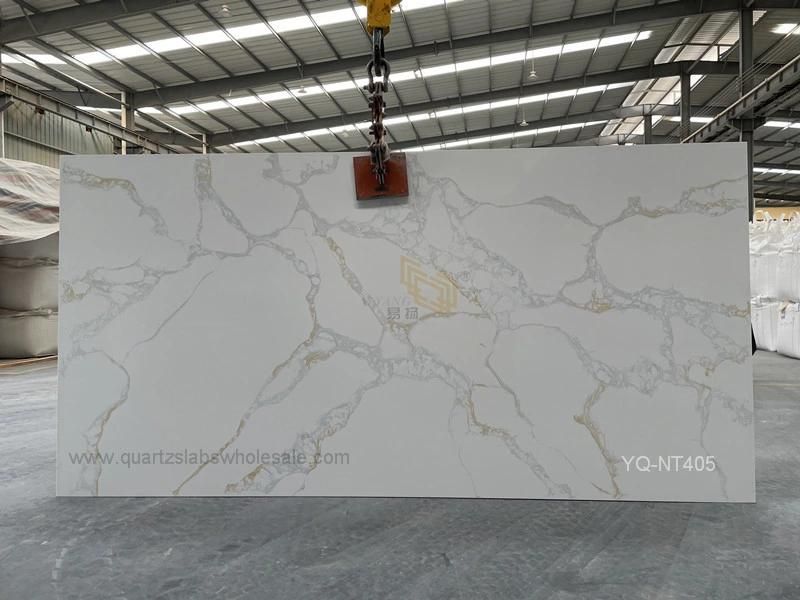 Artificial Calacatta White Quartz Slab Grey/Gold Veins for Kitchen Countertops
