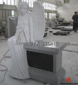 Light Grey Granite Sitting Angel Carving Headstone / Cemetery Monument