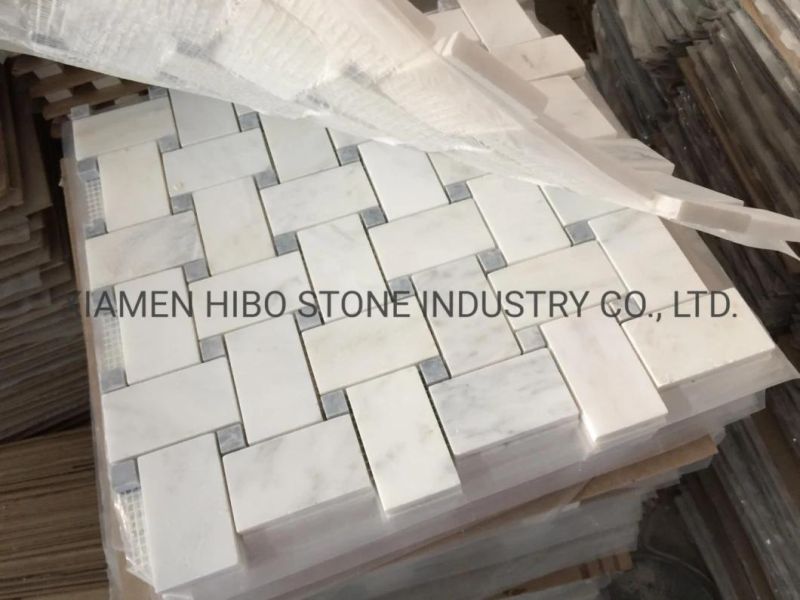 Italian Bianco Carrara White and Bardiglio Grey Dots Basketweave Mosaics