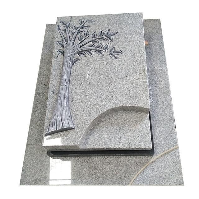Single Flat G603 Grey Granite Gravestone with Antique Tree Carving
