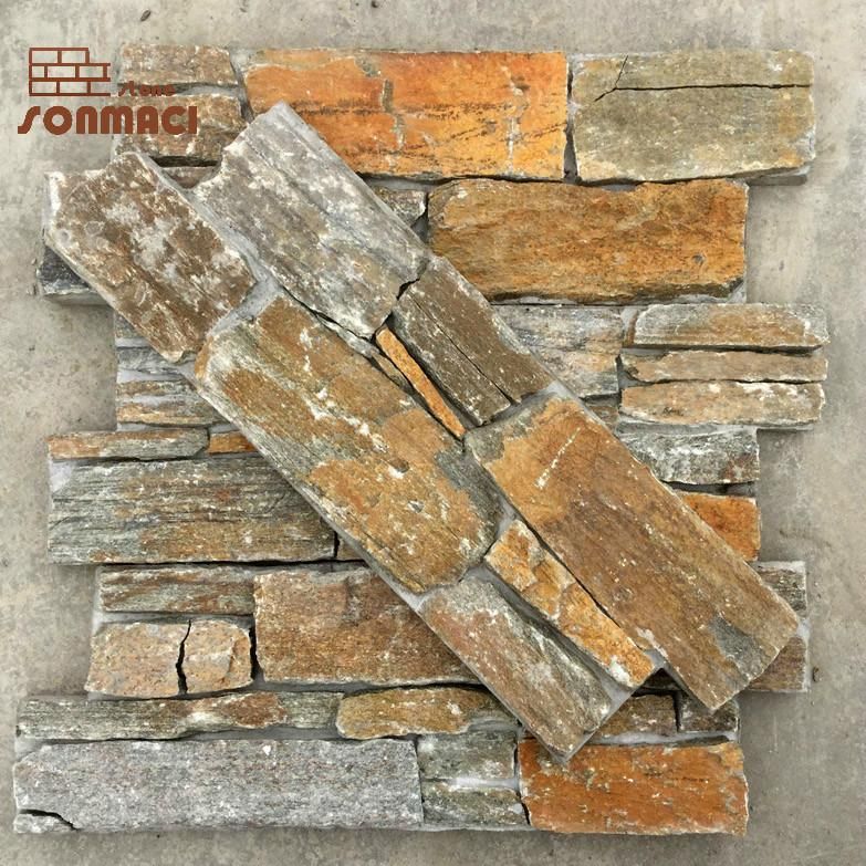 Natural Yellow Slate Stacked Cement Wall Panels