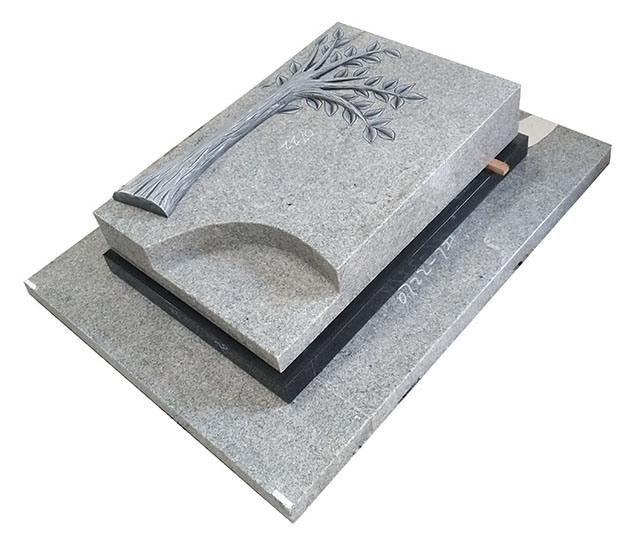 Single Flat G603 Grey Granite Gravestone with Antique Tree Carving