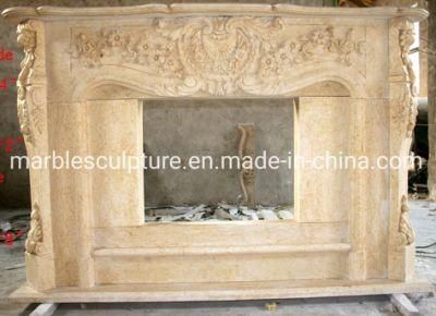 Hand Caving Elegant Beige Mable Fireplace with Surround Flowers (SYMF-151)