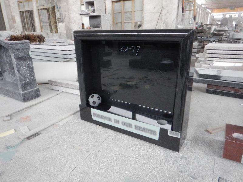 China Black Granite Simple Carving Polished Headstone Polished Grave Tombstone with Football