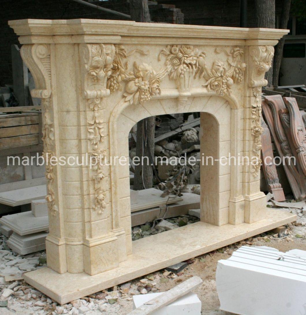 Beige Hand Carved Marble Stone Fireplace Surround with Flowers (SYMF-234)