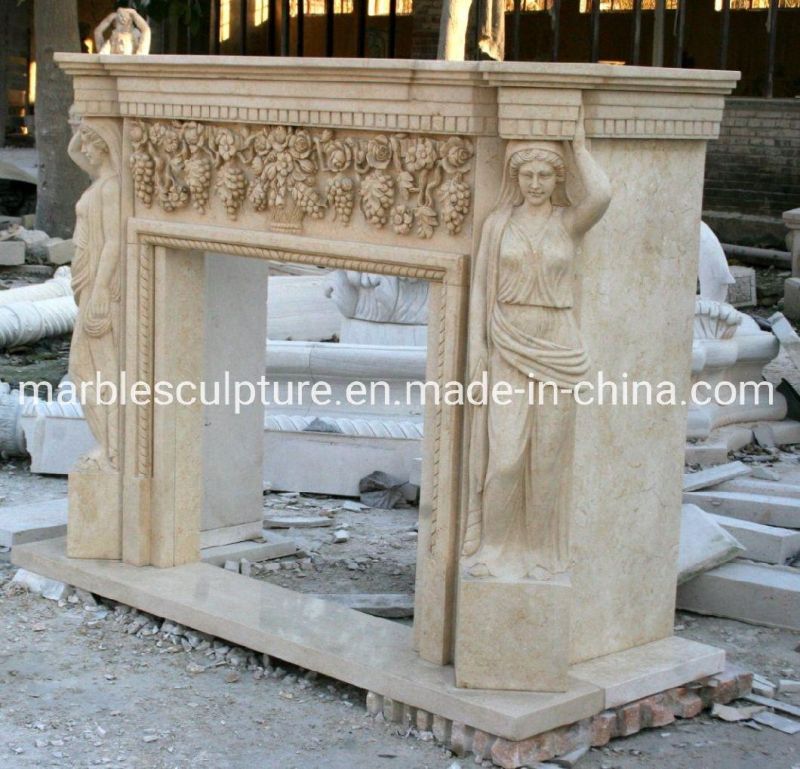 Beautiful Design Lady Statue Beige Marble Fireplace (SYMF-108)