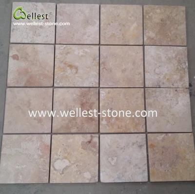 Coffee Travertine Cube Stone Meshed, Cobble Stone Sets, for Floor Paving