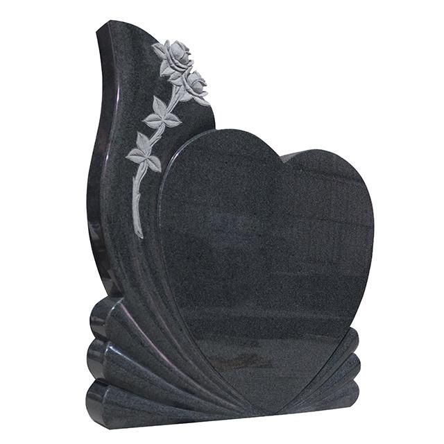 Beautiful Upright Heart Shape Black Granite Tombstones with Rose Carving
