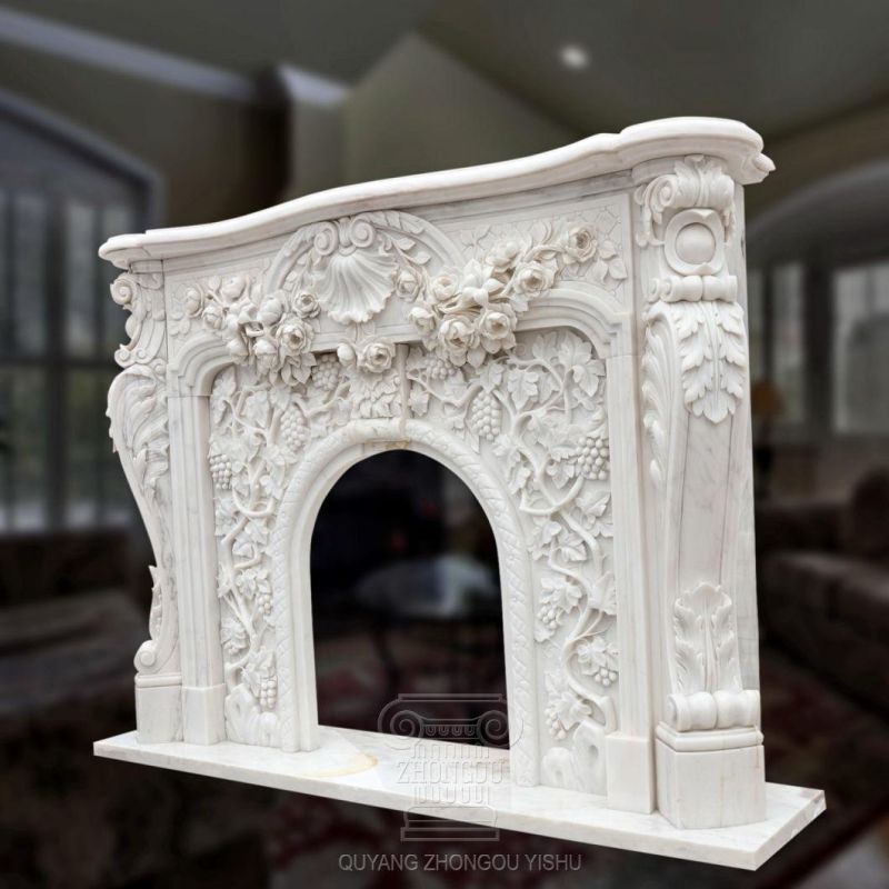New Design Tree White Marble Fireplace Stone Carved Mantel