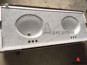 White Carrara Marble Vanity Tops with Two Undermount Porcelain Sinks