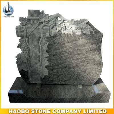 Grey Granite Uprignt Headstone with Grape Vine Relief Tombstone