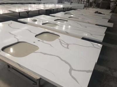 Qt401 China Customized Size Kitchen Countertop Table Top Gold Marble Tile Price White Calacatta Quartz Stone Slab