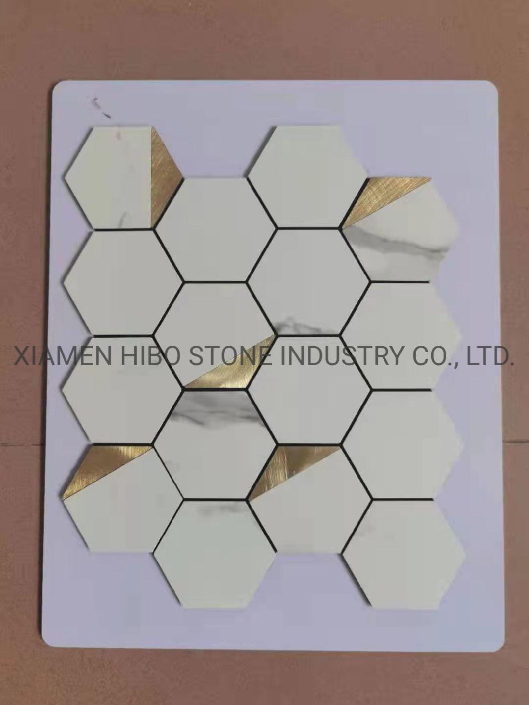 Crystal White Marble Stone Thassos Pure White Hexagon Mosaic with Gold Metal Mosaic Tile