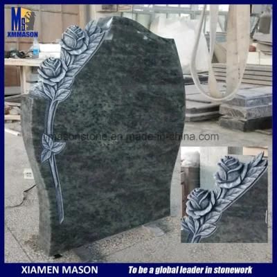 European Style Custom Carved Roses Headstones in Tropical Green Granite