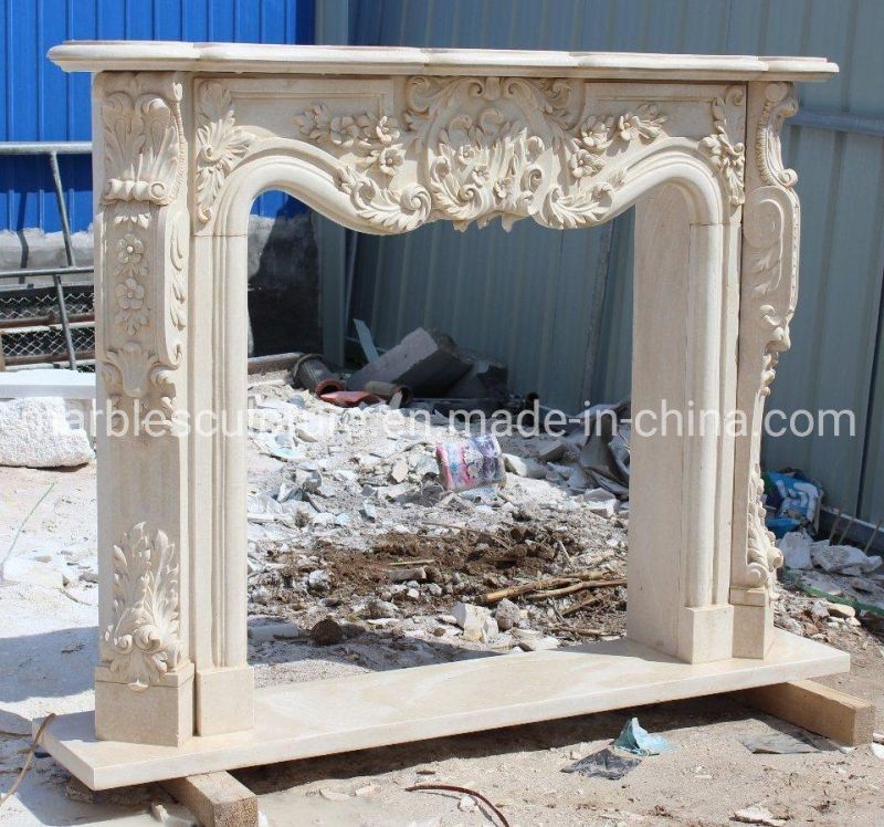 Natural Indoor Decorative Hand Carved Beige Marble Fireplace (SYMF-319)