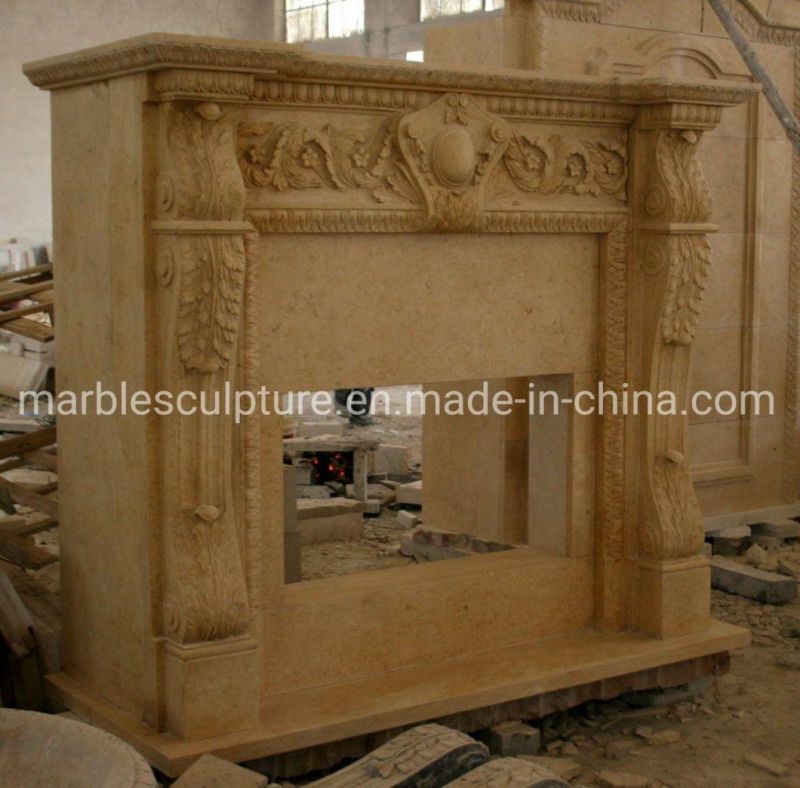 Hot Selling Carved Natural Beige Marble Fireplace (SYMF-208)