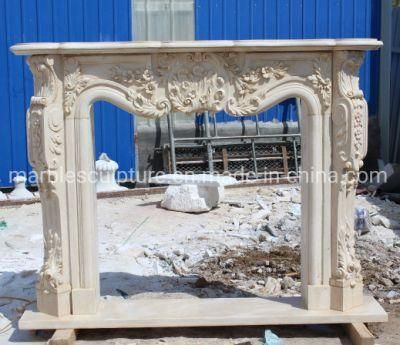 Natural Indoor Decorative Hand Carved Beige Marble Fireplace (SYMF-319)