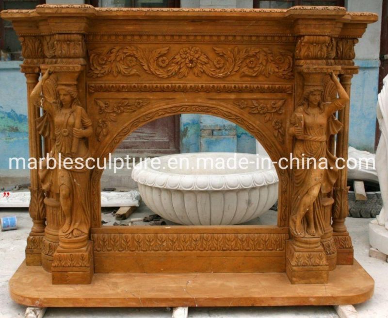 Hand Carved Yellow Classic Marble Fireplace with Women Columns (SYMF-086)