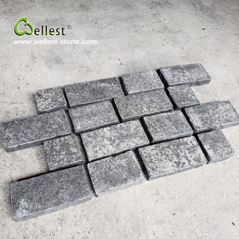 Interlock Black Basalt Meshed Cobblestone, Granite Cubestone Mats for Floor Paving