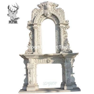 Custom Home Luxury Design Hand Carved Flower and Lion Sculpture Natural Marble Stone Fireplace Mantel