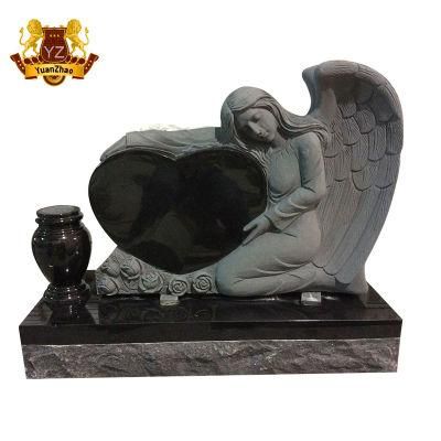 Graveyard Decoration Sculpture China Black Granite Monument Hand Carved Stone Angel Granite Tombstone