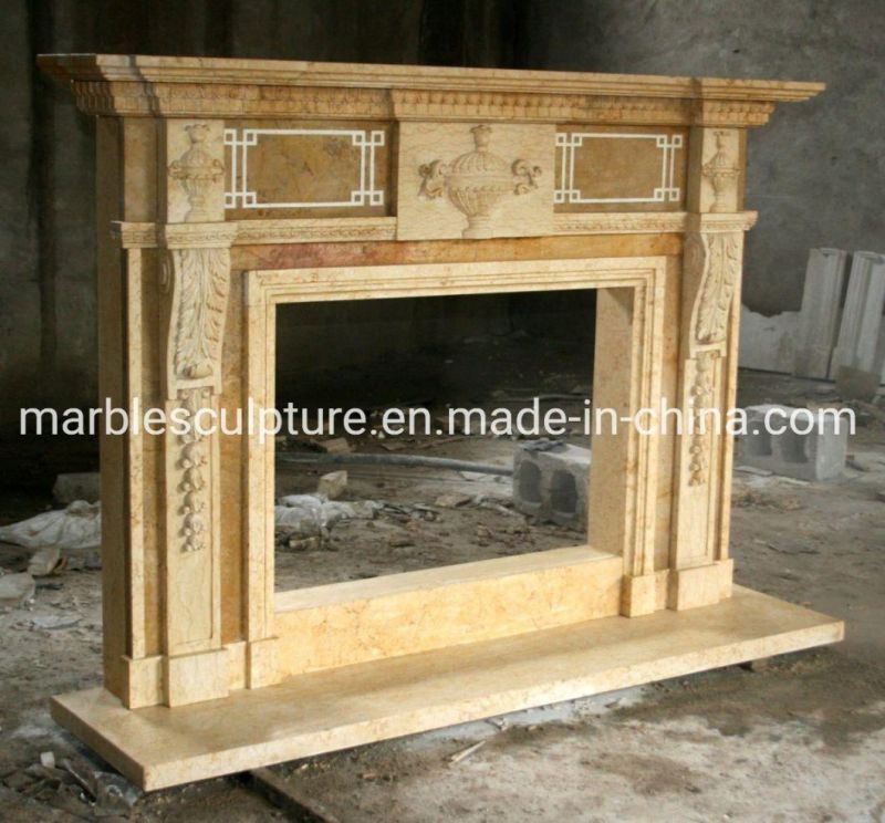 Customized Hand Carved Mantel Stone Beige Marble Fireplace (SYMF-312)