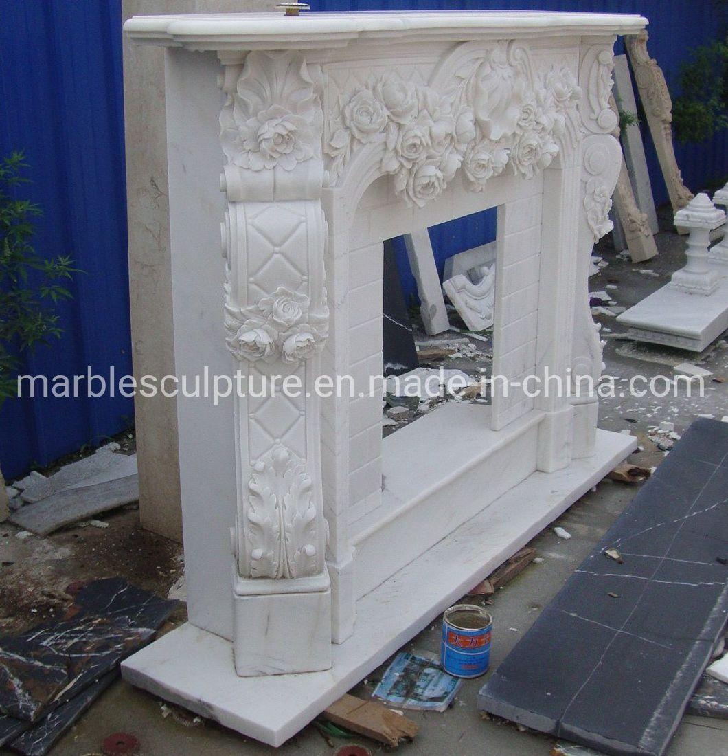 Exquisite Pure White Marble Fireplace with Flowers Home Decoration (SYMF-286)