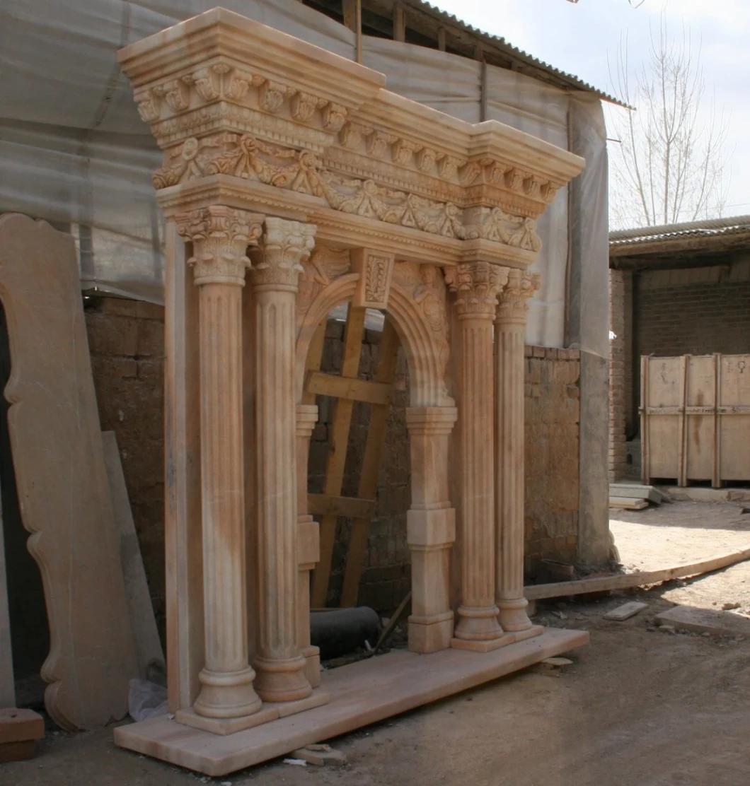 Carved Yellow Marble Stone Fireplace Mantel with Column (SYMF-296)