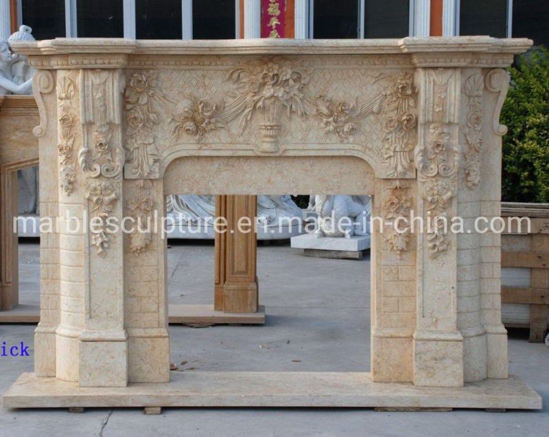 Luxury Home Decoration Beige Marble Fireplace Carved Flowers (SYMF-262)