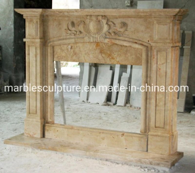 Simple Style Hand Carving Stone Sculpture Beige Marble Fireplace (SYMF-057)