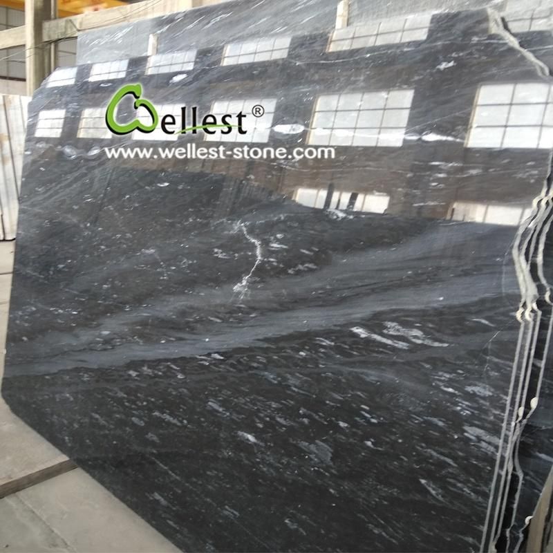 Polished Night Snow Black Marble Slab and Tiles with White Veins