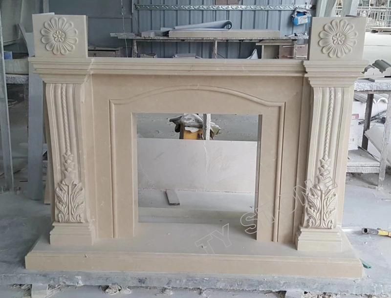 Carved Beige Marble Fireplace Surround