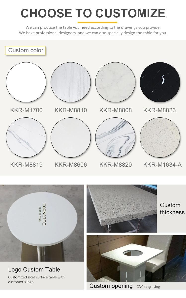 Kkr Solid Surface Artificial Stone Hotel Dining Round/ Square Shape Tabletop