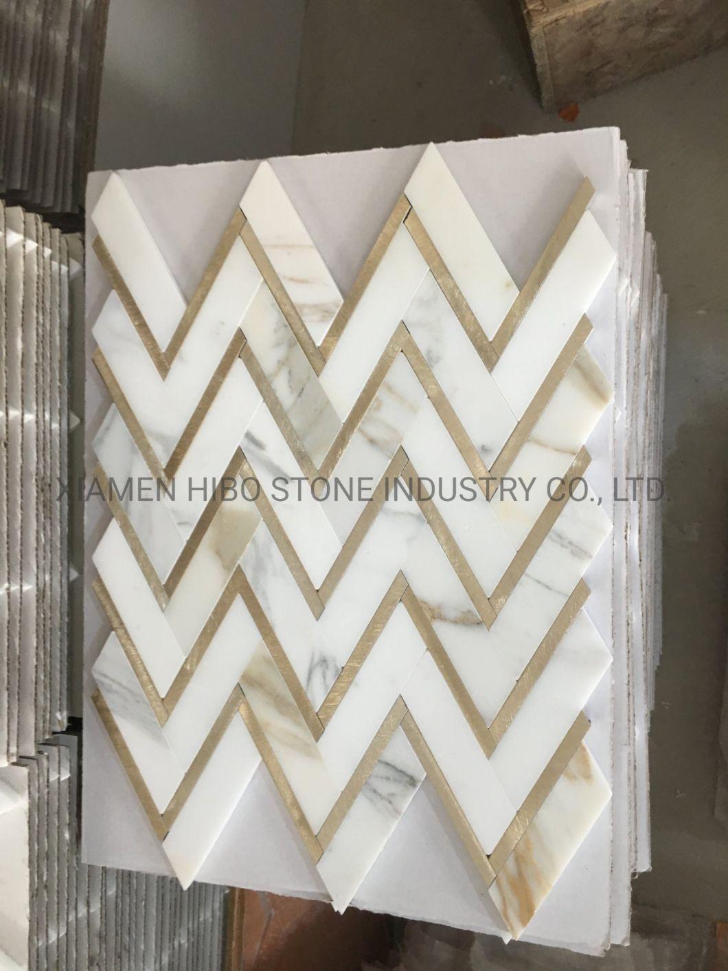 Fish Bone Pattern Design Calacatta Gold Marble Mosaic Art Wall Tiles