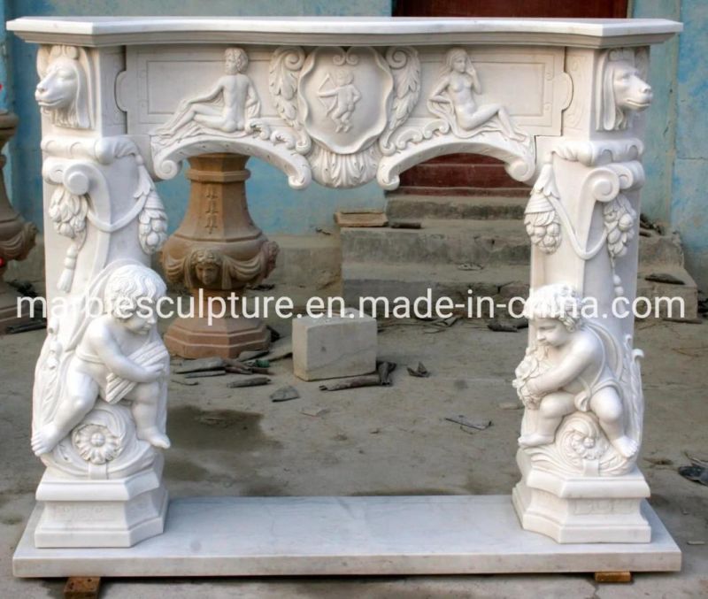 Popular Pure White Hand Carving. Babay Cherubs Marble Fireplace (SYMF-123)