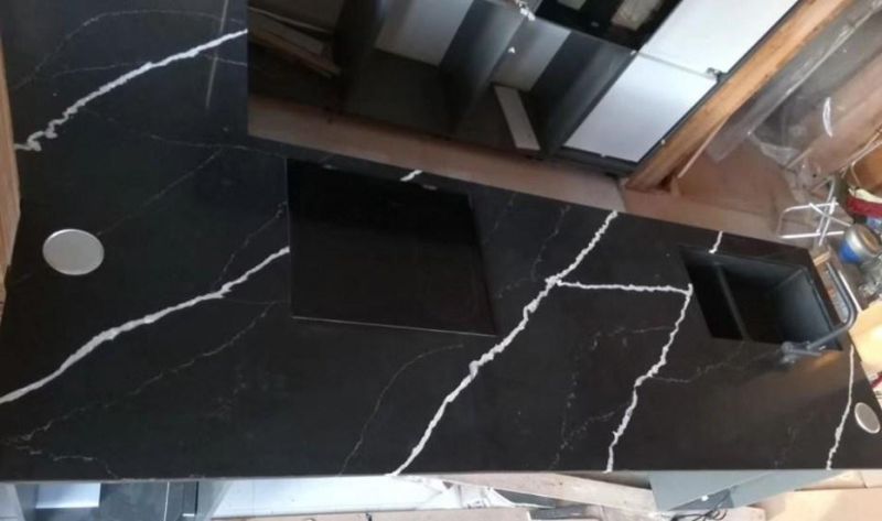 Customized Artificial Black with White Veins Quartz Countertops for Kitchen