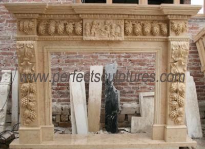 Egyptian Cream Beige Marble Fireplace Mantel with Carved Grapes (QY-LS223)