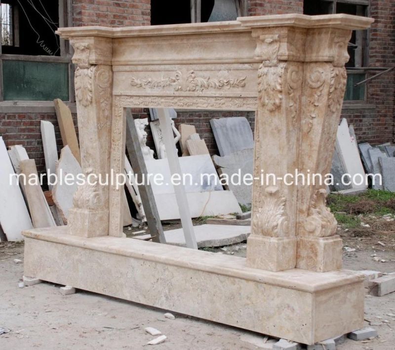 Classic Decoration Hand Carving Sculpture Beige Marble Fireplace (SYMF-059)