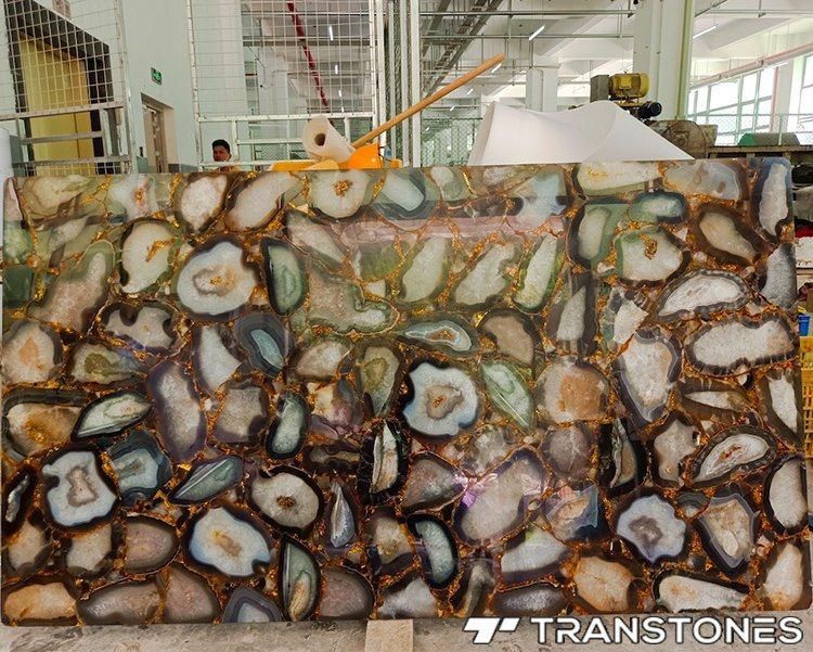 Showroom Design Translucent Polished Gold Filling Brown Agate Wall Panel