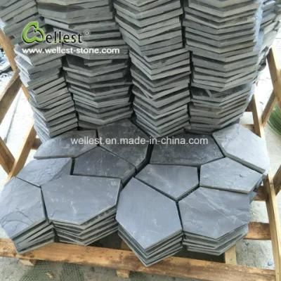 River Black Slate Cobble Stone Meshed Irregular Shaped Paver for Landscape Floor Paving