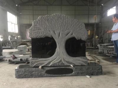 Custom Size European Style Black Granite Small Upright Design Carved Tree Headstone Tombstone
