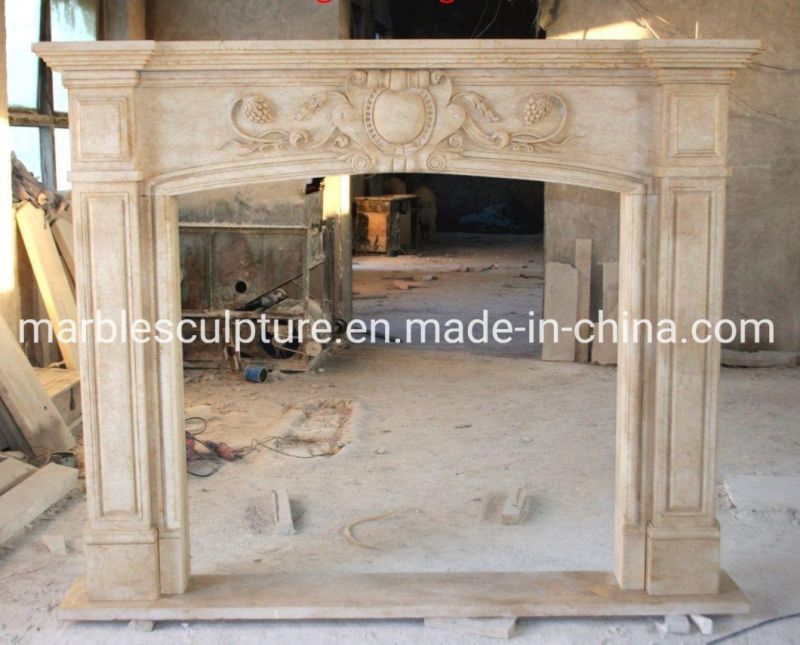 Simple Style Sculpture Beige Stone Mantel Marble Fireplace (SYMF-096)