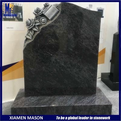 Western Style Bahama Blue Granite Tombstone with Rose Carving
