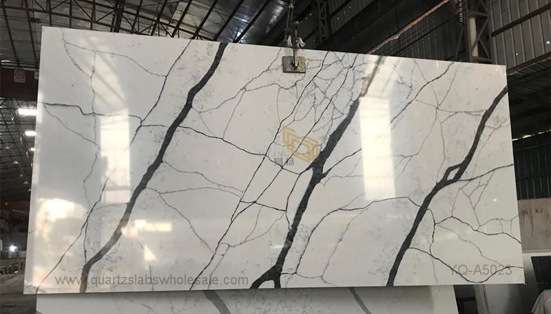 Wholesale Polished Calacatta White Quartz Slab with Black Veins for Kitchen Island/Backsplash/Countertops