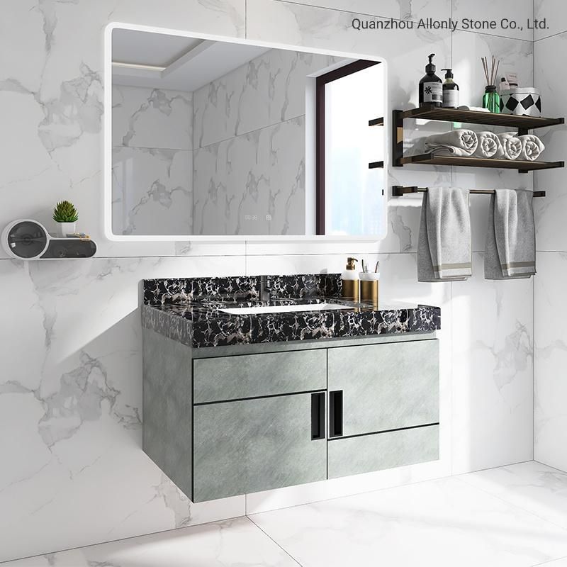 Single Floating Black Marble Vanity with Stone Top for Bathroom