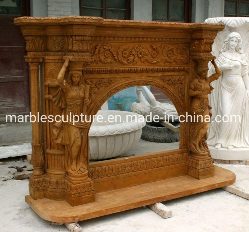 Hand Carved Yellow Classic Marble Fireplace with Women Columns (SYMF-086)