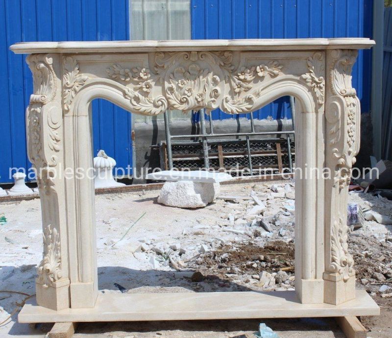 Natural Indoor Decorative Hand Carved Beige Marble Fireplace (SYMF-319)